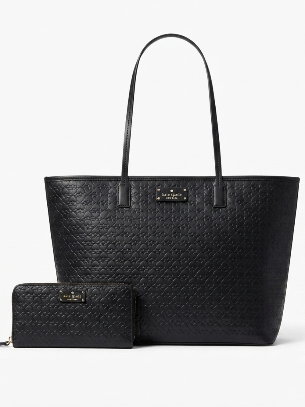 Kate Spade Black Embossed Spade & Heart Tote & Matching Wallet Set